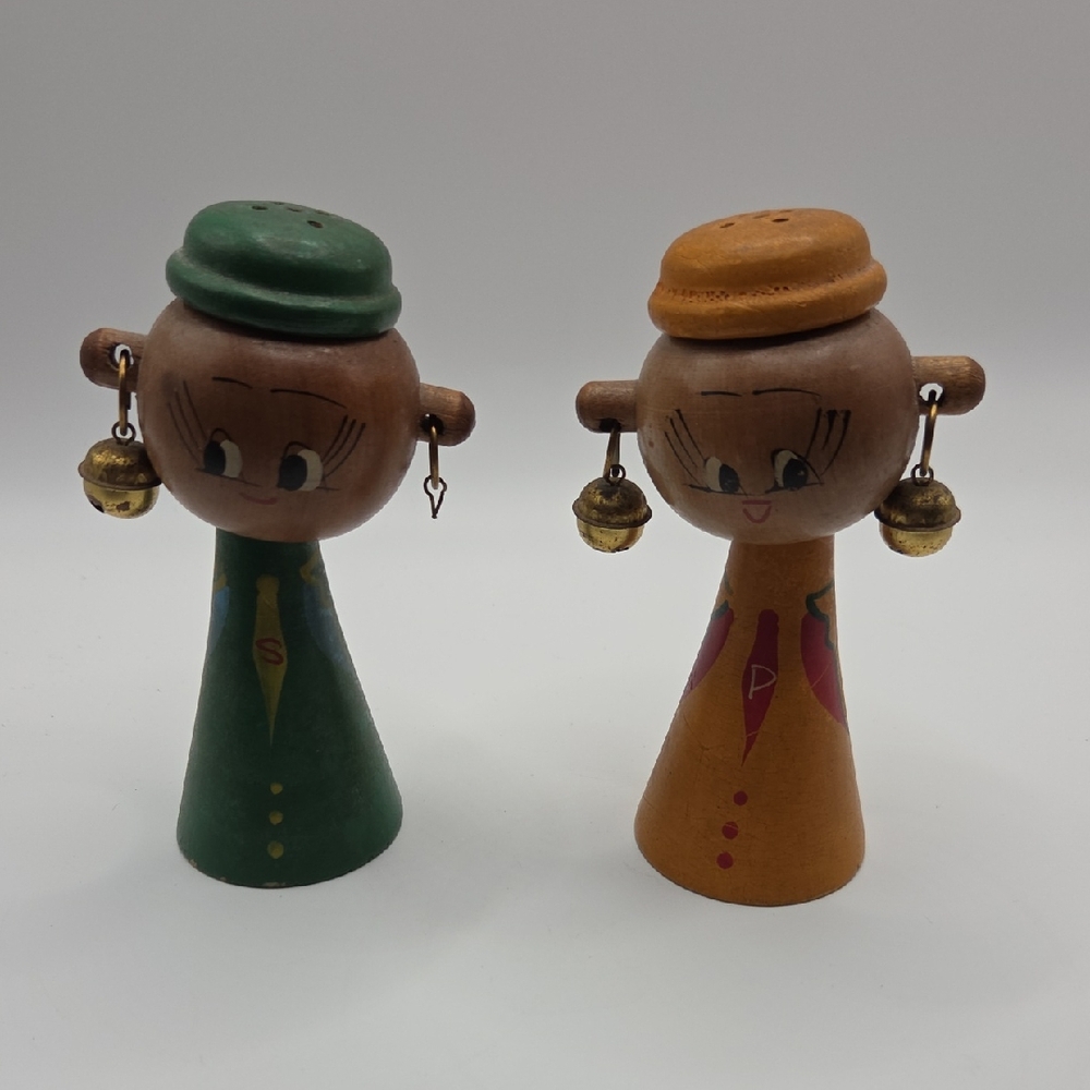 Salt and Pepper Shakers Set - Wooden People Green and Brown